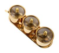 Juego de Salero de Acero Inoxidable con Tapa de Vidrio y Cuchara | 3 Compartimentos, Bandeja Extraíble, Diseño Redondo Dorado, para Salsas, Buffet y Mesa de Café