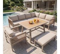 Juego de salón de jardín de 6 piezas con respaldo ajustable, sofá esquinero con mesa de café y taburetes, estructura de acero resistente a la intemperie, cojines de asiento en gris/beige, para balcón