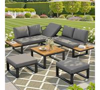 Juego de salón de jardín de 6 piezas con respaldo ajustable, sofá esquinero con mesa de café y taburetes, estructura de acero resistente a la intemperie, cojines de asiento en gris/beige, para balcón
