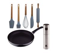 Juego de sartén ø24x4,5cm aluminio prensado + pulverizador de aceite y vinagre ø4x17,5cm + set de 5 utensilios de cocina en silicona pixel chef sauce
