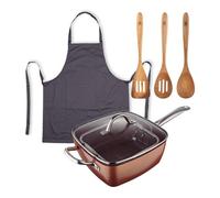 Sartenes en aluminio prensado, Utensilios de cocina de madera, Delantal gris 100% Algodón Optimum Copper Bergner Frying pan+madr