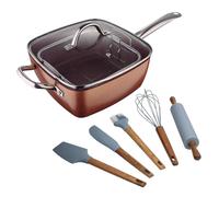 Juego de Sartén Cuadrada 24x24cm en aluminio prensado + Set de 5 utensilios de cocina de silicona y madera Optimum Copper Bergner