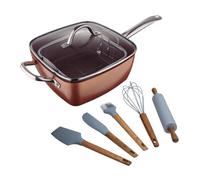 Juego de sartén cuadrada 24x24cm en aluminio prensado + set de 5 utensilios de cocina de silicona y madera optimum copper bergner