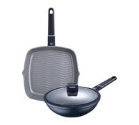 Juego de Sartén Grill 28x28x5,5cm + Wok Ø28x8cm en Aluminio fundido con tapa - Aptas para inducción - INDIGO MasterPRO