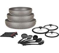 Juego de sartenes con revestimiento antiadherente, color gris. Sartenes de inducción con aspecto de piedra y mangos desmontables. Utensilios de cocina con tapas de vidrio