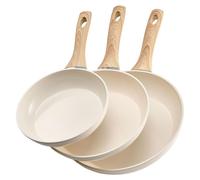 Juego de sartenes VEVOR de 3 piezas (200 / 240 / 280 mm), sartenes de alto rendimiento de aluminio (con revestimiento antiadherente), aptas para cocinar en gas, electricidad e inducción, color beige