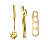 Juego de servidor de espaguetis de acero inoxidable dorado, cuchara de espaguetis con dientes, pinza de pasta de 12 pulgadas y cuchara de pasta de 13.6 pulgadas, herramienta de medición de espaguetis