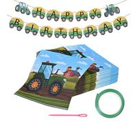 Juego de Servilletas Papel Decoradas y para Decoupage con Guirnalda de Banderines de Tractor Verde - 80 servilletas para decoupage + 15 Banderines Recortables con Cinta para Fiesta Infantil de Granja