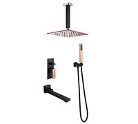 Juego de Sistema de Ducha Tipo Lluvia de Lujo de 10 Pulgadas, Columna de Ducha Oculta de Alto Flujo con 3 Funciones con Cabezal de Ducha Tipo Lluvia y Ducha de Mano, Negro + Oro Rosa