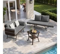 Juego de sofá de jardín de ratán gris de 2 piezas con cojines ajustables y mesa auxiliar convertible para balcón, patio, porche, cojines gruesos para muebles de exterior