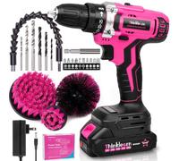 Juego de taladro inalámbrico rosa de 20 V, kit de taladro eléctrico/destornillador con cepillo de taladro, juego de brocas, portabrocas sin llave de 3/8 pulgadas, 2 velocidades variables, ajuste de