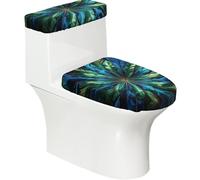 Juego de tapa de inodoro elástica y cubierta de tanque de plumas azules de pavo real, decoración de baño elástica suave para decoración de baño ovalada en forma de U