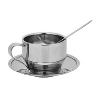 Juego de Tazas de café de Acero Inoxidable Antiescaldaduras con Cuchara y Platillo para Cafetería y Uso Doméstico, Aislamiento de Doble Pared, 13,5 X 6 Cm, Plateado, 1x Taza, 1x Platillo,