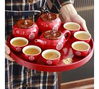 Juego de té de boda, chino tradicional festivo, rojo, todo va bien, juego de té de cerámica Kungfu, ceremonia, boda, fiesta, recién casados (1 tetera + 6 tazas de té + 2 recipientes de té + 1 bandeja