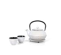 Juego de té de hierro fundido Echtwerk - Tetera de 0,8 l con colador extraíble - Tetera con platillo y 2 tazas de té - Estilo vintage - Para té suelto - Crema