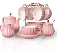 Juego de té de porcelana, 6 tazas, 225 ml, con motivos reales, color rosa