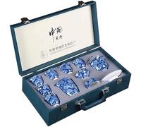 Juego de té de porcelana azul y blanca de alta calidad, 11 piezas, servicio de té de cerámica chino vintage, juego de té Kung Fu portátil para viajes, con embalaje de regalo en maletín. Ideal para ama