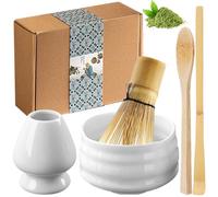 Juego de té matcha de 5 piezas, juego de té matcha con escoba matcha, cuenco de cerámica, escoba matcha de bambú, soporte para escoba de cerámica, cuenco de matcha hecho a mano, set de regalo