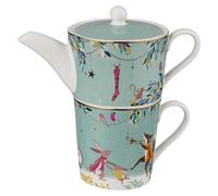 Juego de té para una persona, de 2 piezas, porcelana fina, con detalles en oro de 22 quilates, con motivos de animales