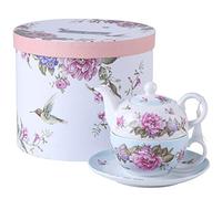 Juego de té para una Tetera de Porcelana con diseño de Flora y pájaros, Color Azul