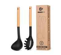 Juego de tenedor y cuchara de silicona para pasta con mango de madera, utensilios de cocina antiadherentes resistentes al calor para cocinar, revolver, servir espaguetis, sopa, salsa (negro)