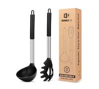 Juego de tenedor y cucharón de silicona para pasta, utensilios de cocina antiadherentes grandes para cocinar, revolver, servir espaguetis, sopa, salsa (color negro)