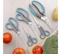 Juego de tijeras de cocina Unyqoos®, de 5 piezas: tijeras de cocina multifuncionales con hojas de acero inoxidable afiladas y mangos ergonómicos de TPR, en color azul/gris