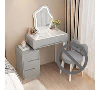 Juego de tocador de maquillaje 3 en 1 con espejo, taburete y luces, tocador blanco para dormitorio, fácil de montar, diseño compacto para niñas y mujeres, 4 cajones para almacenamiento