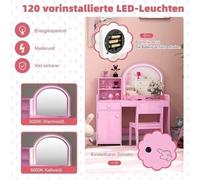 Juego de tocador infantil con iluminación LED y taburete - blanco - espejo de maquillaje para niños con espacio de almacenamiento
