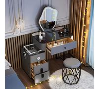 Juego de tocador LED con espejo redondo, mesa de vidrio, taburete acolchado, cajón de carga por USB, elegante tocador de dormitorio blanco, para amantes de la belleza, espejo gris en forma de Chm