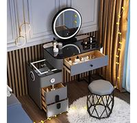 Juego de tocador LED con espejo redondo, mesa de vidrio, taburete suave, cajón de carga por USB, elegante tocador de dormitorio blanco, para amantes de la belleza, espejo redondo gris de ancho