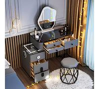 Juego de tocador LED con espejo redondo, mesa de vidrio, taburete suave, cajón de carga por USB, elegante tocador de dormitorio blanco, para amantes de la belleza, espejo gris en forma de nube,