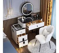 Juego de tocador LED con espejo redondo, tocador con tapa de vidrio, taburete acolchado, cajón de carga por USB, elegante tocador de dormitorio blanco, para amantes de la belleza, espejos redondos