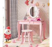 Juego de tocador para niños de COSTWAY, mueble 2 en 1: escritorio infantil de madera con taburete, espejo oval giratorio, cajón, y juego de tocador con silla para niñas de 3 a 7 años