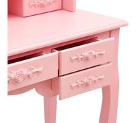 Juego de tocador rosa que incluye un taburete y un espejo de tres partes, fabricado en madera y con siete cajones