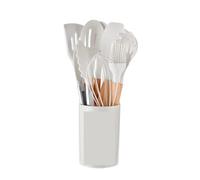 Juego de utensilios cocina antiadherentes, espátula, pala, batidores huevos, mango madera, 12 Uds Para Cocina(White)