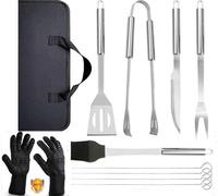 Juego de utensilios de barbacoa de acero inoxidable de alta calidad, compuesto por 9 piezas, con guantes resistentes al calor para barbacoa, que soportan hasta 800°C. Incluye una bolsa de transporte.