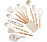 Juego de utensilios de cocina, 14 piezas, herramientas de cocina de silicona con asas de madera, resistente al calor, espátula, cucharón, cucharón para sartenes antiadherentes, color blanco (A)