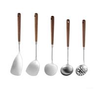 Juego de utensilios de cocina de acero inoxidable de 5 piezas con asas ergonómicas de madera de nogal, incluye espátula, cuchara de sopa y pala para cocinar, resistente a la corrosión, fácil de