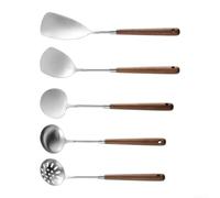 Juego de utensilios de cocina de acero inoxidable de 5 piezas con mango ergonómico de madera de nogal, espátula, cuchara de sopa, pala para preparación de alimentos de cocina, óxido a prueba de óxido