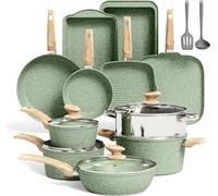 Juego de utensilios de cocina de inducción con plancha, ollas y sartenes de color verde con revestimiento de granito antiadherente, conjunto de sartenes antiadherentes para una cocina saludable