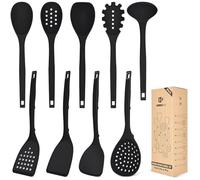 Juego de utensilios de cocina de silicona, 9 piezas de utensilios de cocina resistentes al calor con ganchos traseros, sin BPA, utensilios de cocina con espátulas, cucharas, skimmer y tenedor de pasta