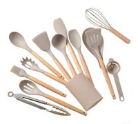 Juego de utensilios de cocina de silicona con asas de madera, resistentes al calor, antiarañazos, para ollas y sartenes, color blanco (C)