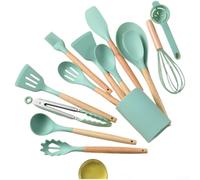 Juego de utensilios de cocina de silicona de 14 piezas con asas de madera, herramientas de cocina resistentes al calor, espátula antiarañazos para sartenes antiadherentes, color blanco (E)