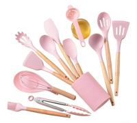 Juego de utensilios de cocina de silicona de 14 piezas con asas de madera, resistente al calor, espátula, cucharón, cuchara para no cocina, blanco, rosa, caqui, gris, verde, negro (B)