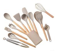 Juego de utensilios de cocina de silicona de 14 piezas con asas de madera, resistentes al calor, no rayones, para sartenes, espátula, cucharón, batidor y pinzas (C)