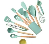 Juego de utensilios de cocina de silicona de 14 piezas con asas de madera, resistentes al calor, no rayones, para sartenes, espátula, cucharón, batidor (E)