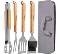 Juego de utensilios para barbacoa con mangos de madera, incluye funda de transporte, resistente al calor y de acero inoxidable