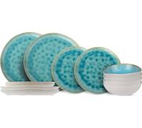Juego de vajilla Cosy & Trendy Laguna Azzurro, 12 piezas / para 4 personas: 4 platos principales, 4 platos para el desayuno y 4 cuencos