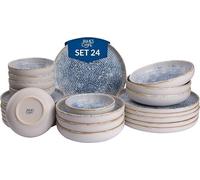 Juego de vajilla de cerámica vintage en color azul y blanco, para 6 personas, de 24 piezas, con diseño a rayas, superficie con relieve, apto para lavavajillas, horno y microondas